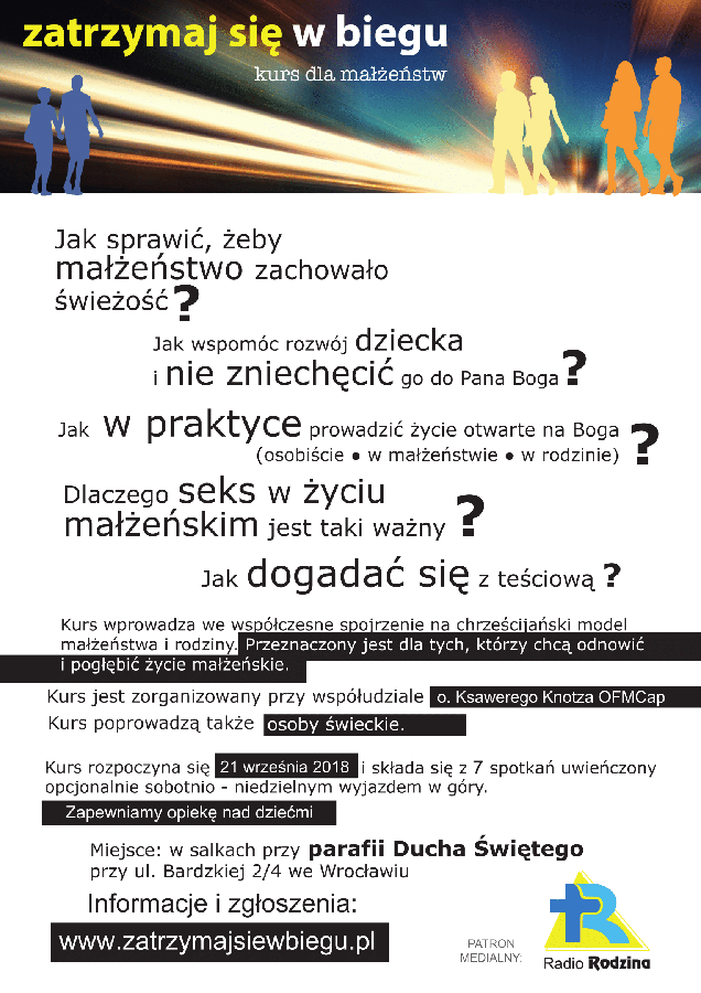 Plakat kursu dla małżeństw "Zatrzymaj się w biegu" z roku 2018.