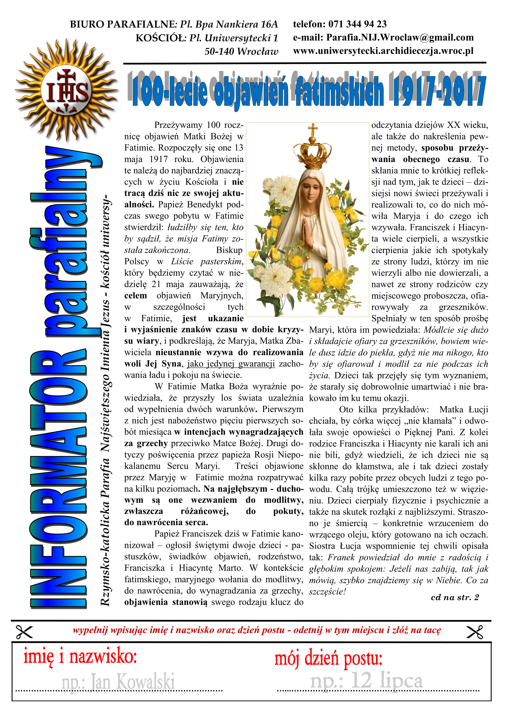 BIULETYN 12 Fatima 1917-13.05.- 2017